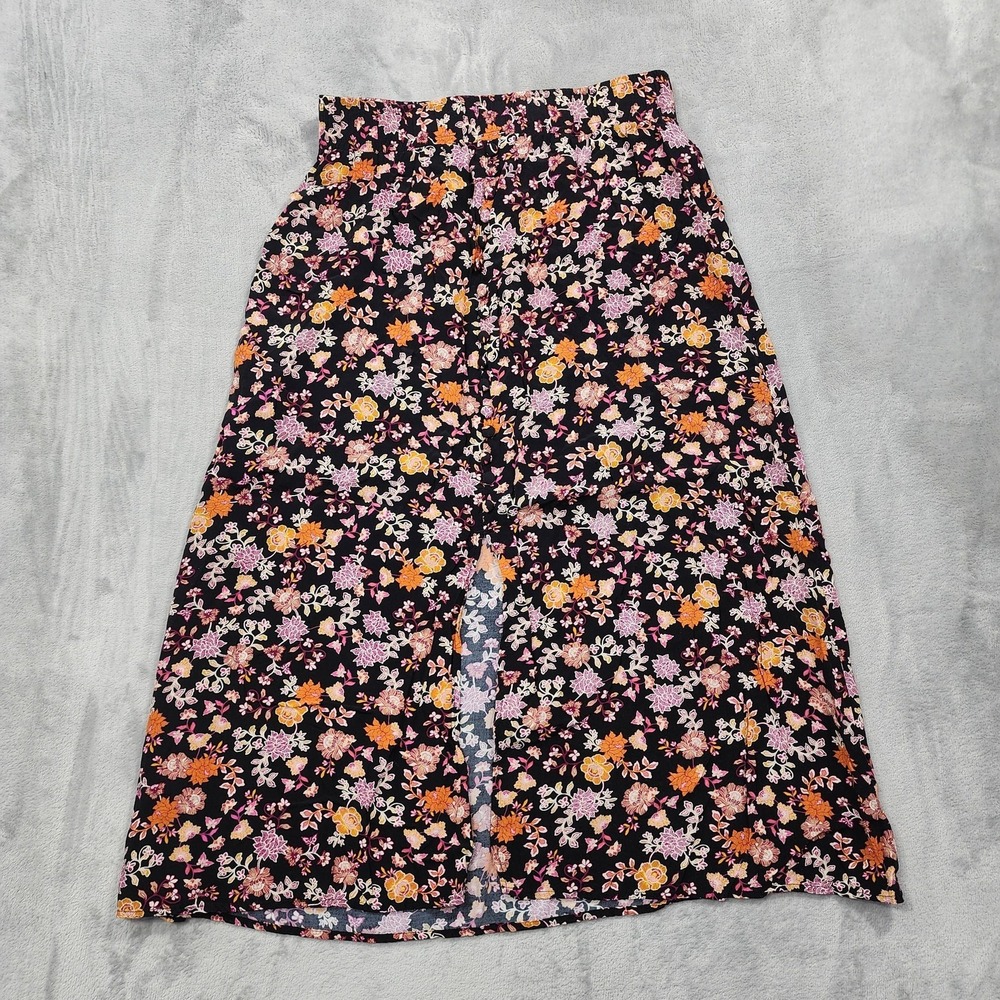 Loft Skirt Womens XS Black Floral Button Front Midi A-Line Slit Viscose Pull On